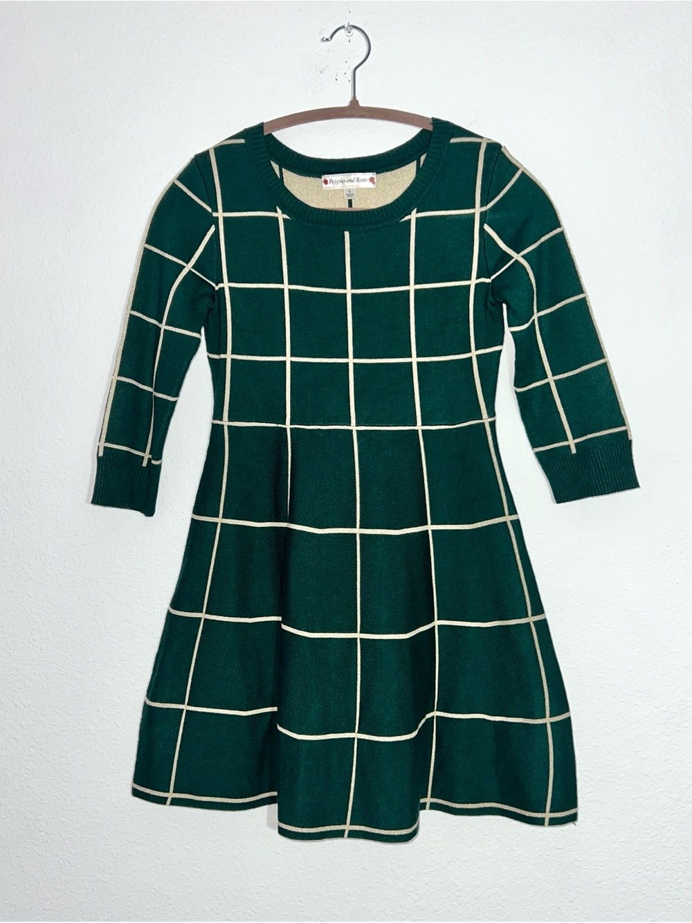 Poppies and Roses Girls Green Gold Metallic Grid Sweater Dress Large
